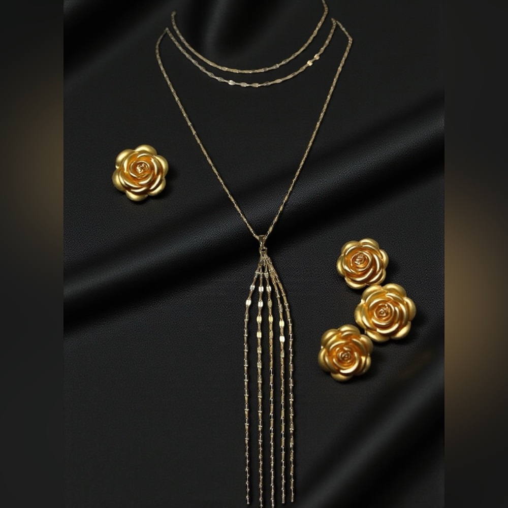 Elegant Gold Triple Layered Necklace/ Gold Tassels